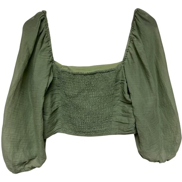 MINKPINK Women's Green Long Puff  Sleeve Crop Top Smocked Back Ruched Large - Picture 4 of 8